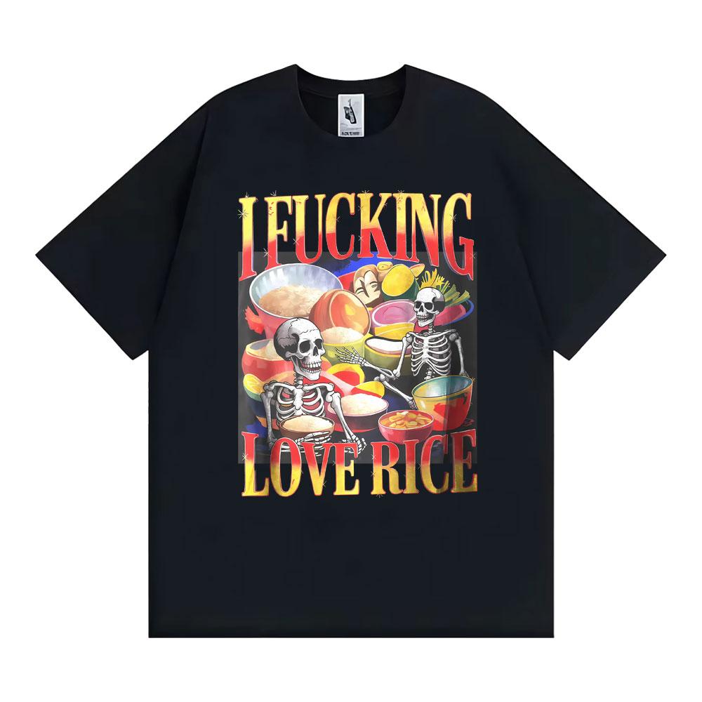 Funny Skeleton Rice Lover Edgy Foodie Meme Graphic Tee Shirt Unisex Women Retro High Quality Summer Tshirts Cotton Classic T Shirt