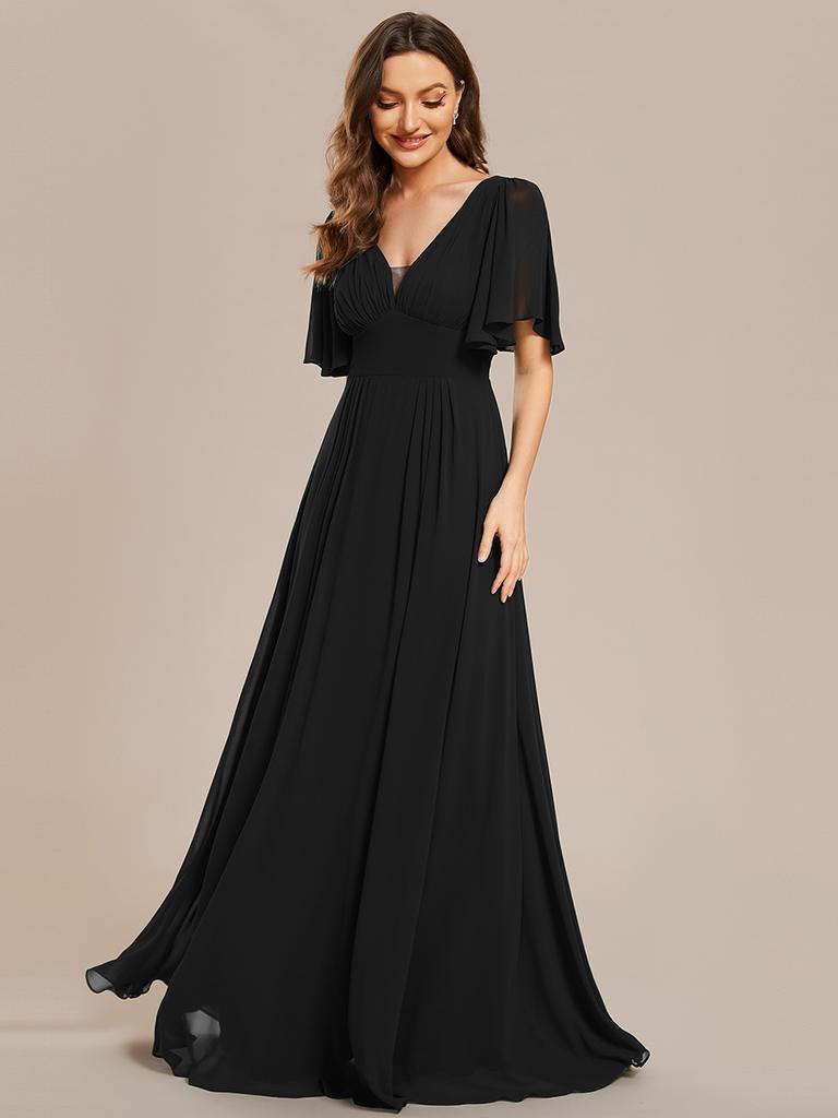 Ever-Pretty Women's Chiffon A-Line Empire Waist Floor Length V Neck Wedding Party Dress With Ruffles Sleeves