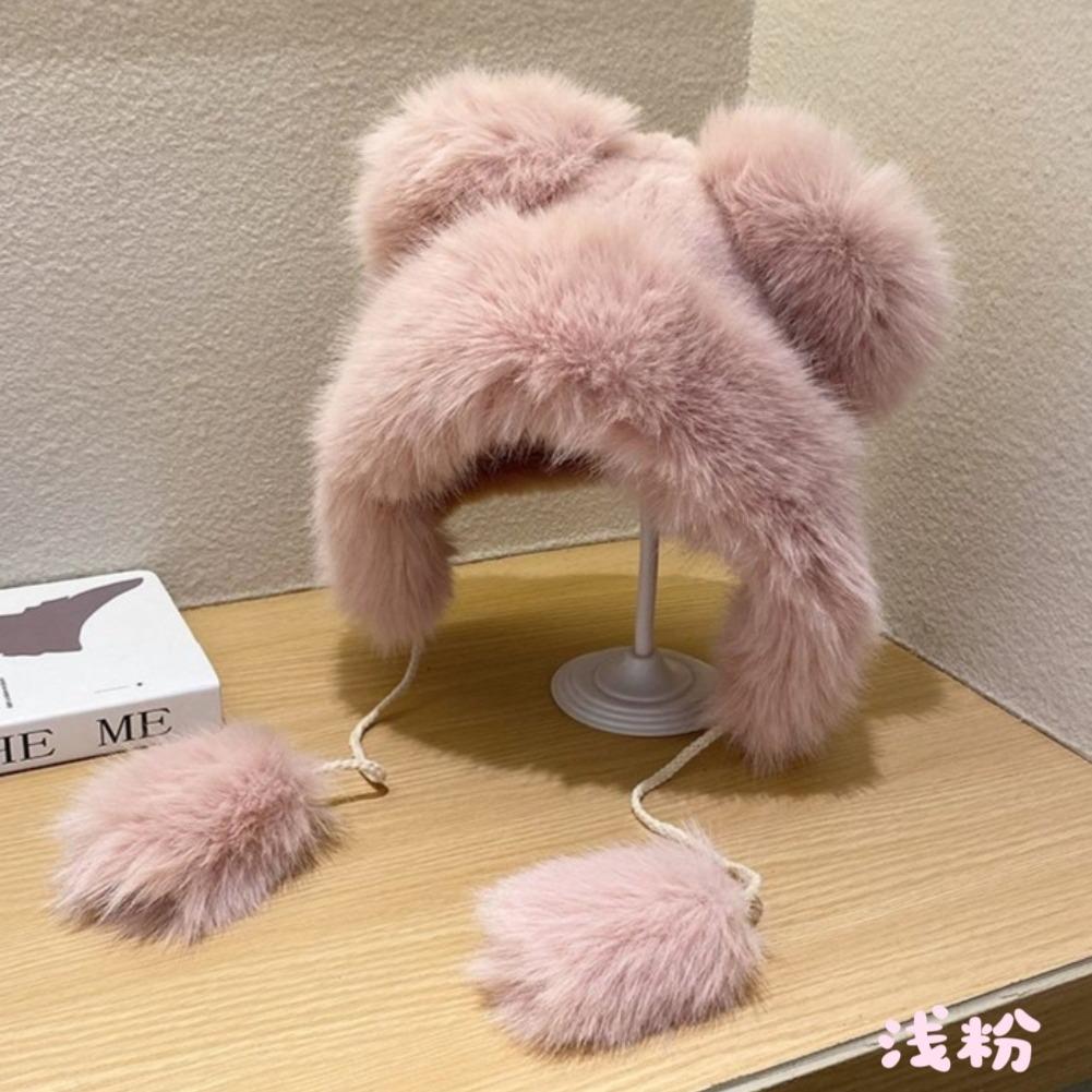 Supply cute bear plush hat women's autumn and winter thickened warm face small ear hat imitation fur Lei Feng hat