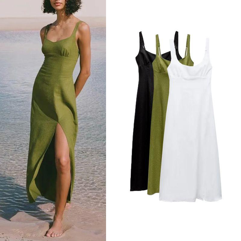 Spring NEW Round Neck Elegant Waist Hugging Split Linen Blend Shoulder Strap Length Dress 8265707 3314354