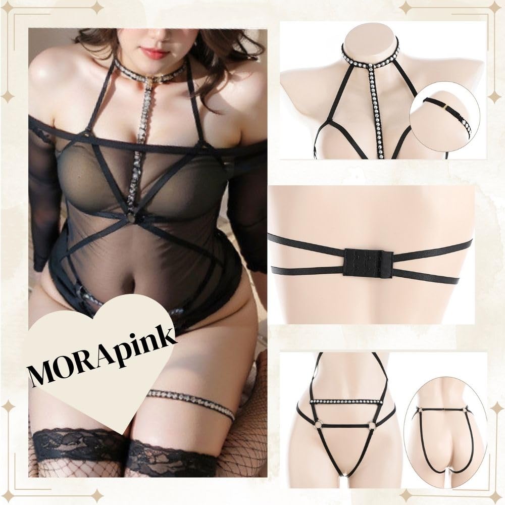 Sexy Cosplay Harness Extreme Bondage Soft SM Large Size Lingerie Erotic Chubby Black Sheer Temptation Queen Bondage Stockings Open Crotch [MORApink]