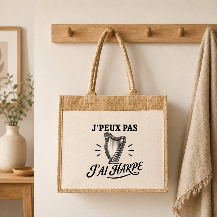 Sac cabas - PLANETEE - Collection « J'peux pas minimaliste » - Motif J’peux pas j’ai Harpe - Toile de jute &amp; coton - 43×33×21 cm