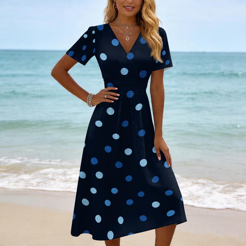 Women Casual Polka Dot Print V Neck Short Sleeve Midi Dress Loose Fit Summer Fashion Lightweight Dress for Daily Wear
