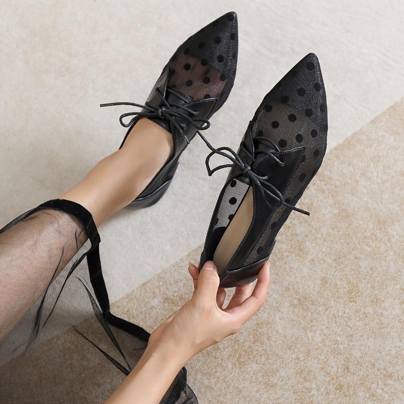 Pointed-toe Mesh Lace-up Flats Flat Women's Shoes Polka Dot Breathable Sandals Large Sizes 35-43