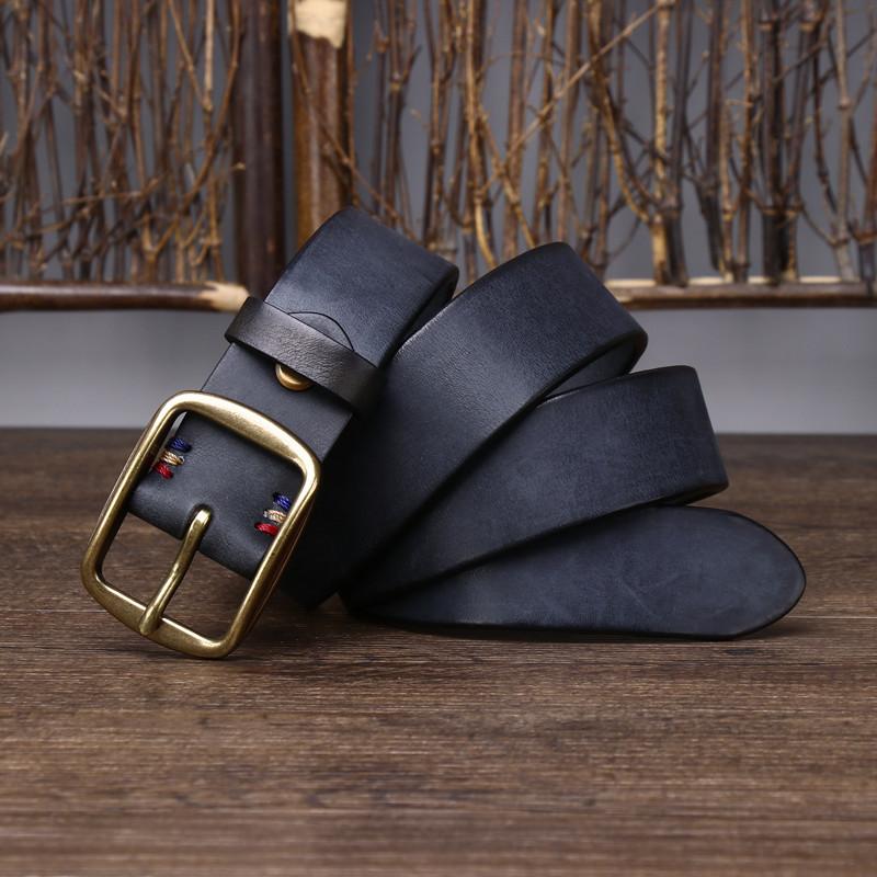 Men's Leather Belt Overalls with Vintage Handmade First Layer Pure Cattlehide Brass Buckle Jeans Genuine Leather Belt