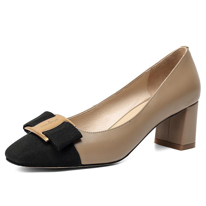 Katya Xiaoxiangfeng Square Head Metal Buckle Color Matching Single Shoes Bow Temperament High Heels Thick Heel Professional