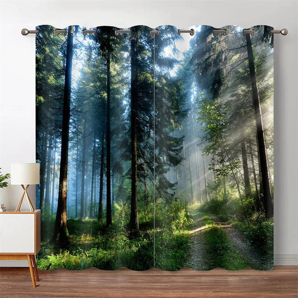 Forest Curtains Jungle Tree Nature Scenery Window Curtain Blinds for Living Room Bedroom Waterfall Left and Right Biparting Open
