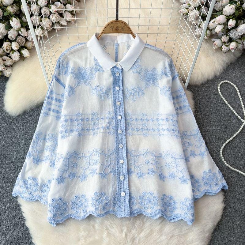 

Изящная вышитая рубашка с длинными рукавами Весна и Осень 2024 K-стиль Свободная Повседневная Рубашка-поло Свободные и Необычные Топы Blue One size