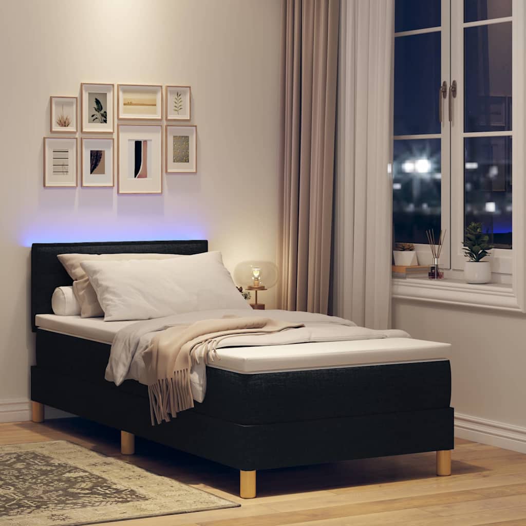 LED Box Spring Bed with Headboard Black 90 x 190 cm Fabric