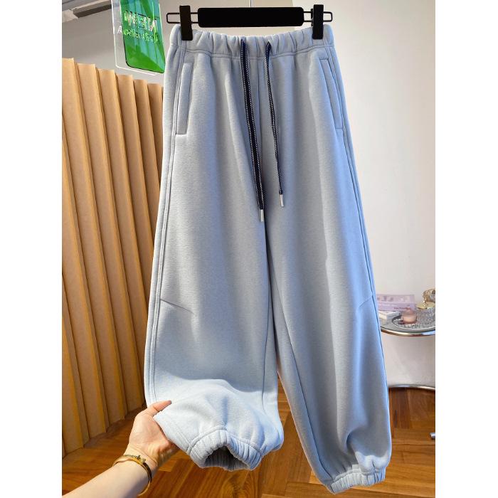 Women's Yellow Fleece-Lined Joggers - Korean Style, Loose Fit, Autumn/Winter 2025 Harem Pants