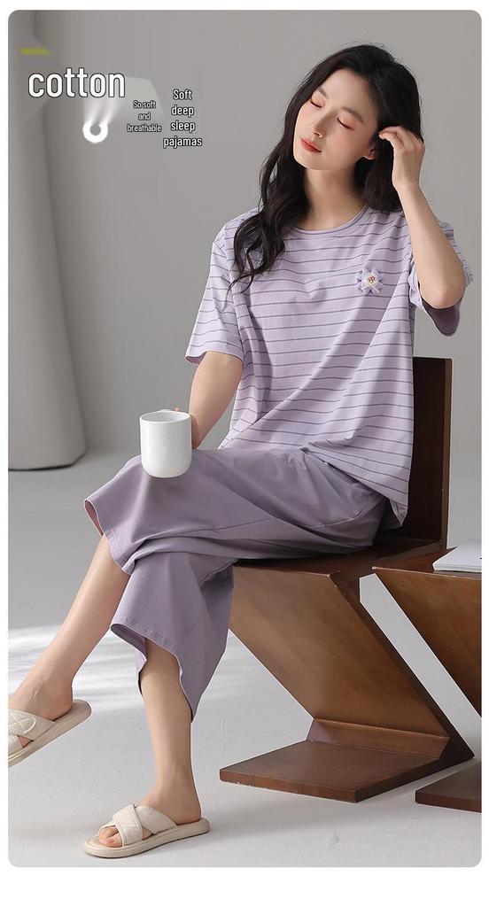 Women's Pure Cotton Pajama Set with Built-in Bra, Short Sleeve Top & 7/8 Pants - Sweet Summer Homewear.