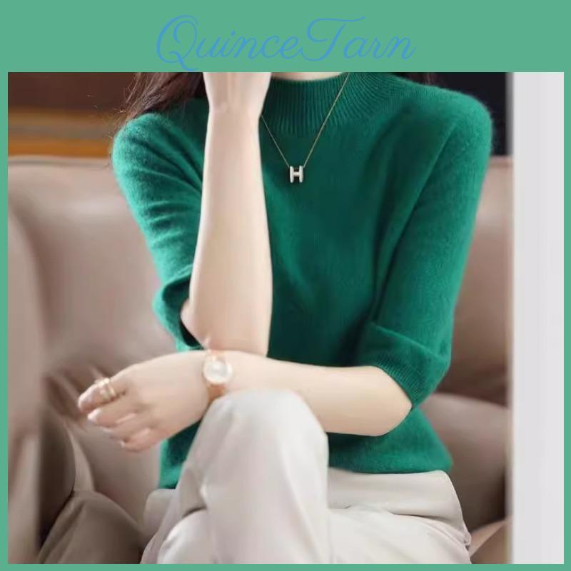 Round Womens Sweater Knitted Neck Mid Sleeve Knitted Sweater Korean Edition Interior Bottom Top
