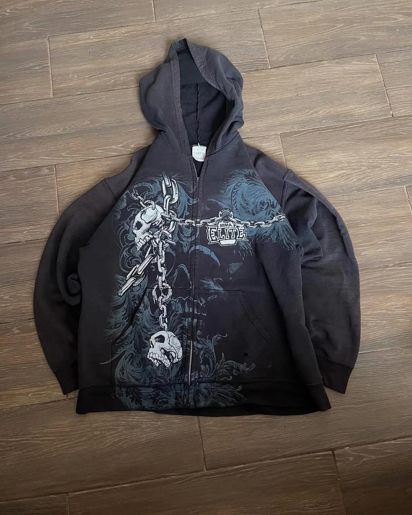 Amerykańska Moda Ecko Unisex Gotycka Bluza Z Kapturem Y2K Oversize Rozpinana Bluza Ciemna Streetowa Bluza Z Nadrukiem Czaszki Dla Pary Casualpunk