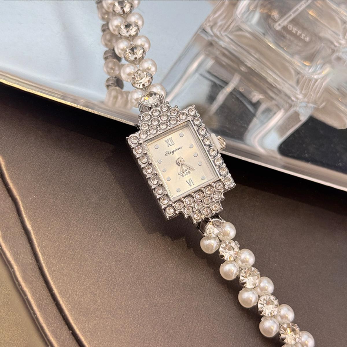 

Новые французские часы с двумя рядами изысканных мелких жемчужин, квадратные, инкрустированные бриллиантами, женские кварцевые часы класса люкс