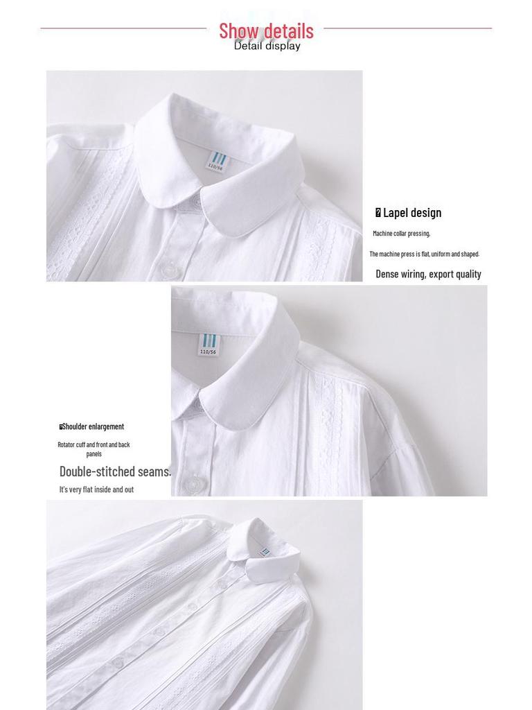 Girls' White Fleece-Lined Cotton Shirt: Long-Sleeved School Uniform for Elementary to Middle School.