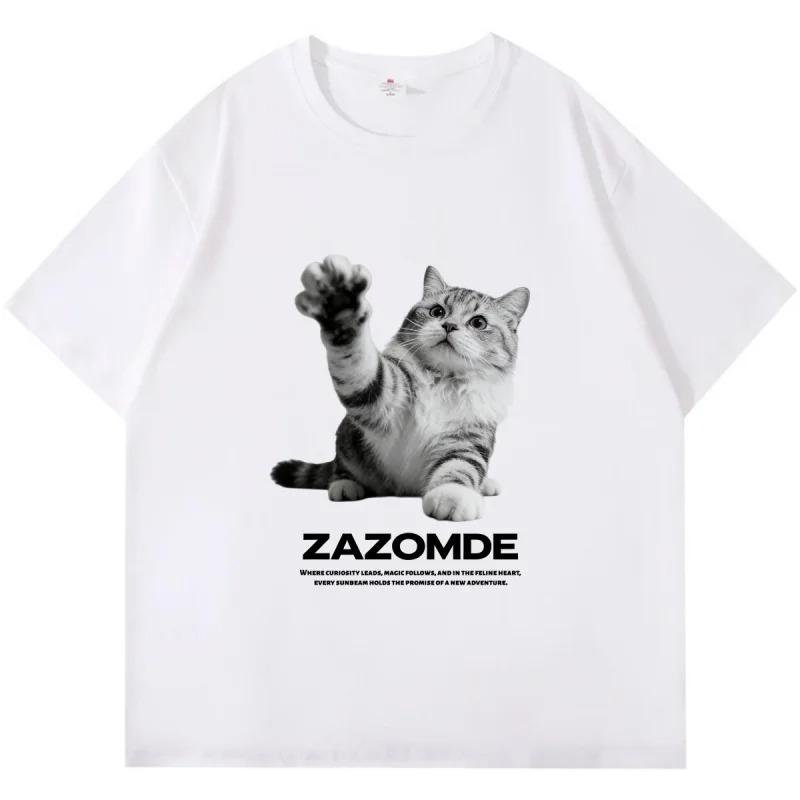 

Vintageinspired Tshirt Cute Cat with Raised Paw Gesture Trendy Graphic Print Unisex Women Loose Summer Black and White S