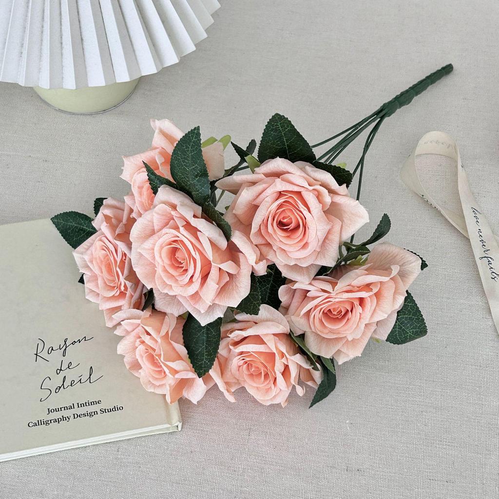 7-Head Ruffled Cappuccino Rose Bouquet - Vintage Artificial Flowers for Home or Wedding Decor