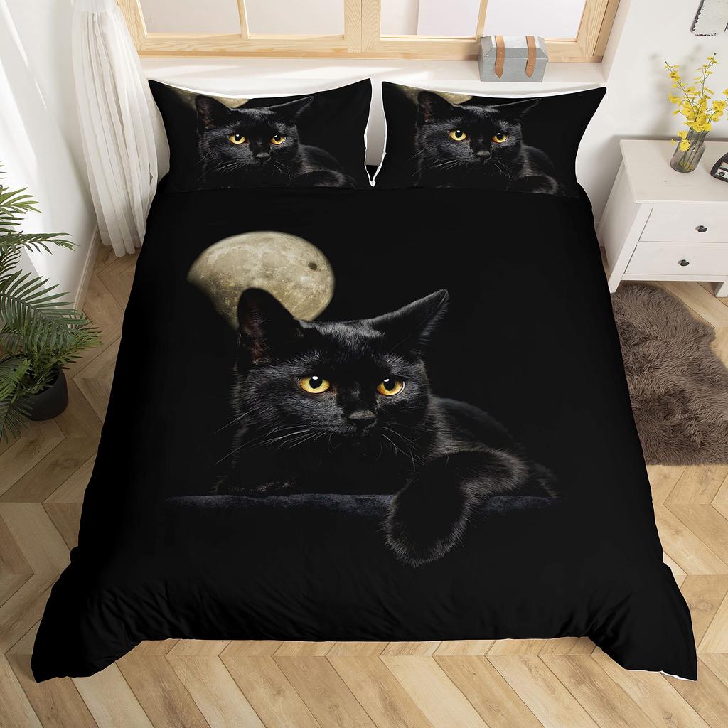 Black Cat Duvet Cover Set Gradient Line Cute Animal Bedding Set with Pillowcase Teens Kids Adults Room Decor Queen Duvet Covers