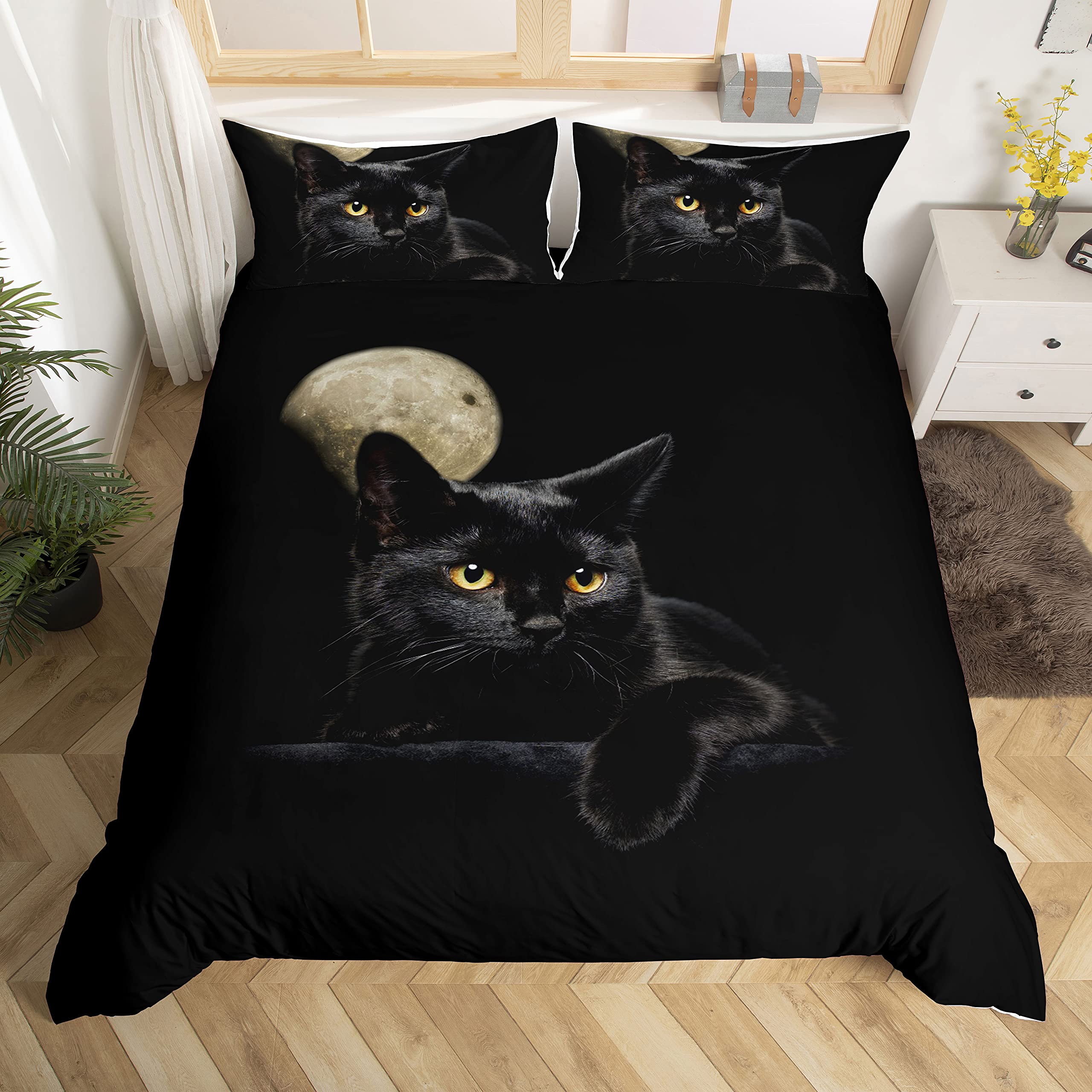 

Cat And Moon Duvet Cover Set Queen King Size Lightweight Quilt Cover With 2 Pillowcases Night Animal Themed Bedding Set No Quilt EU Single(135x200cm)