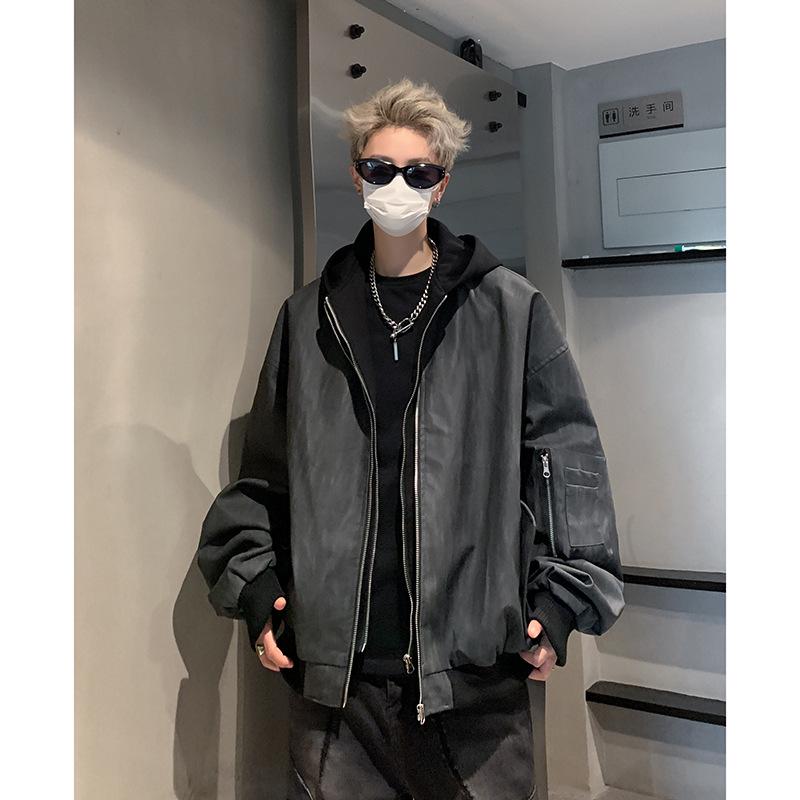 Herren Frühling & Herbst Trendige Lederjacke mit Kapuze - Zweiteiliger Stil, Amerikanischer Street Dark Rogue, Lockere Passform Pilotendesign