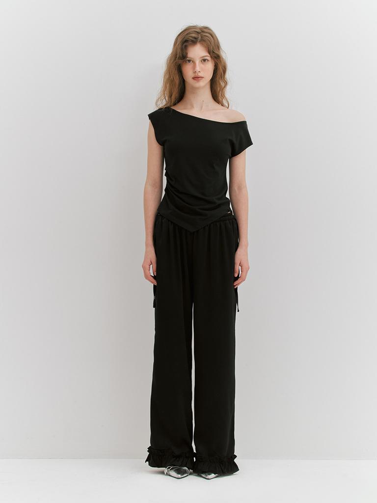 MEENDERI Ruffle Shirring Wide Pants - Black