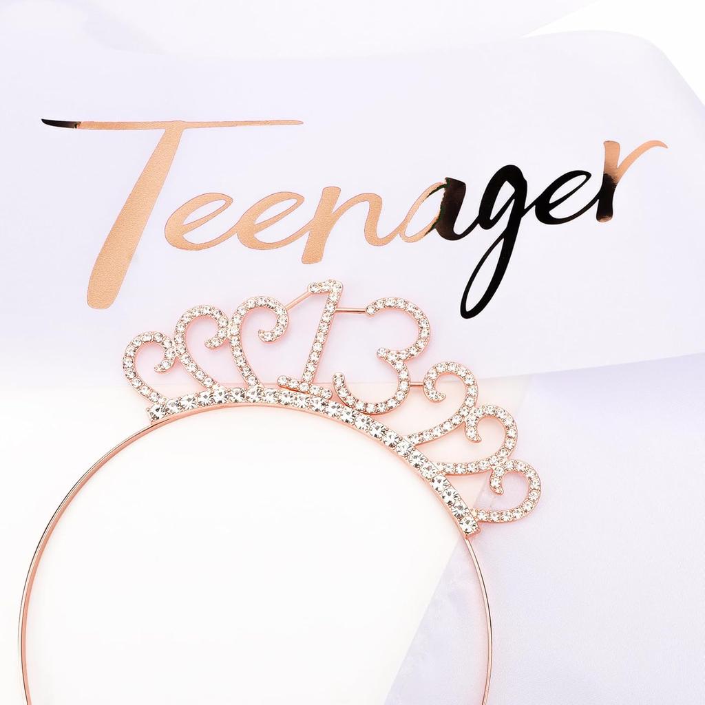 CIEHER 13th Birthday Headband, Sash Set & Tiara - Birthday Decorations & Gifts for Teen Girls