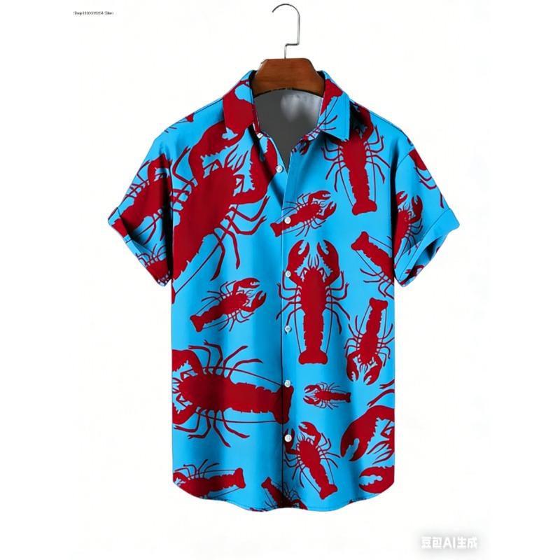 Men Hawaiian Shirt Lobster Printing Shirt Leisure Shirt Summer Fashion Casual Beach Vacation Short Sleeve Men Clothing Tops