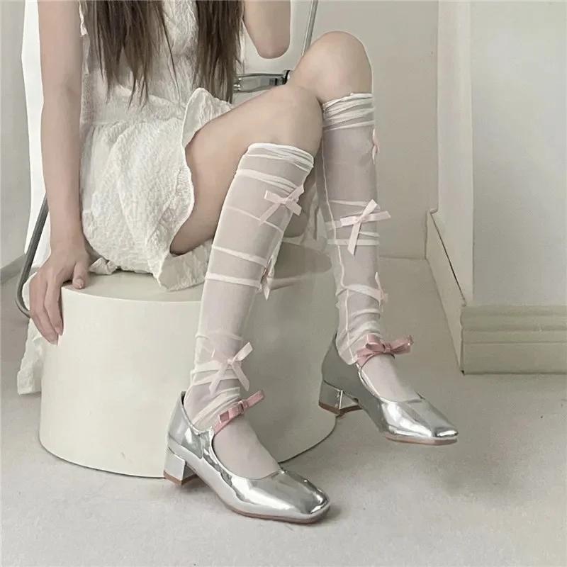 

женские Сексуальные Носки с Лентами и Бантами, Длинные Гольфы до Колена, Лолита, Белые Чулочно-носочные Изделия, Тонкие Носки-сетка, Кружевное Белье One Size