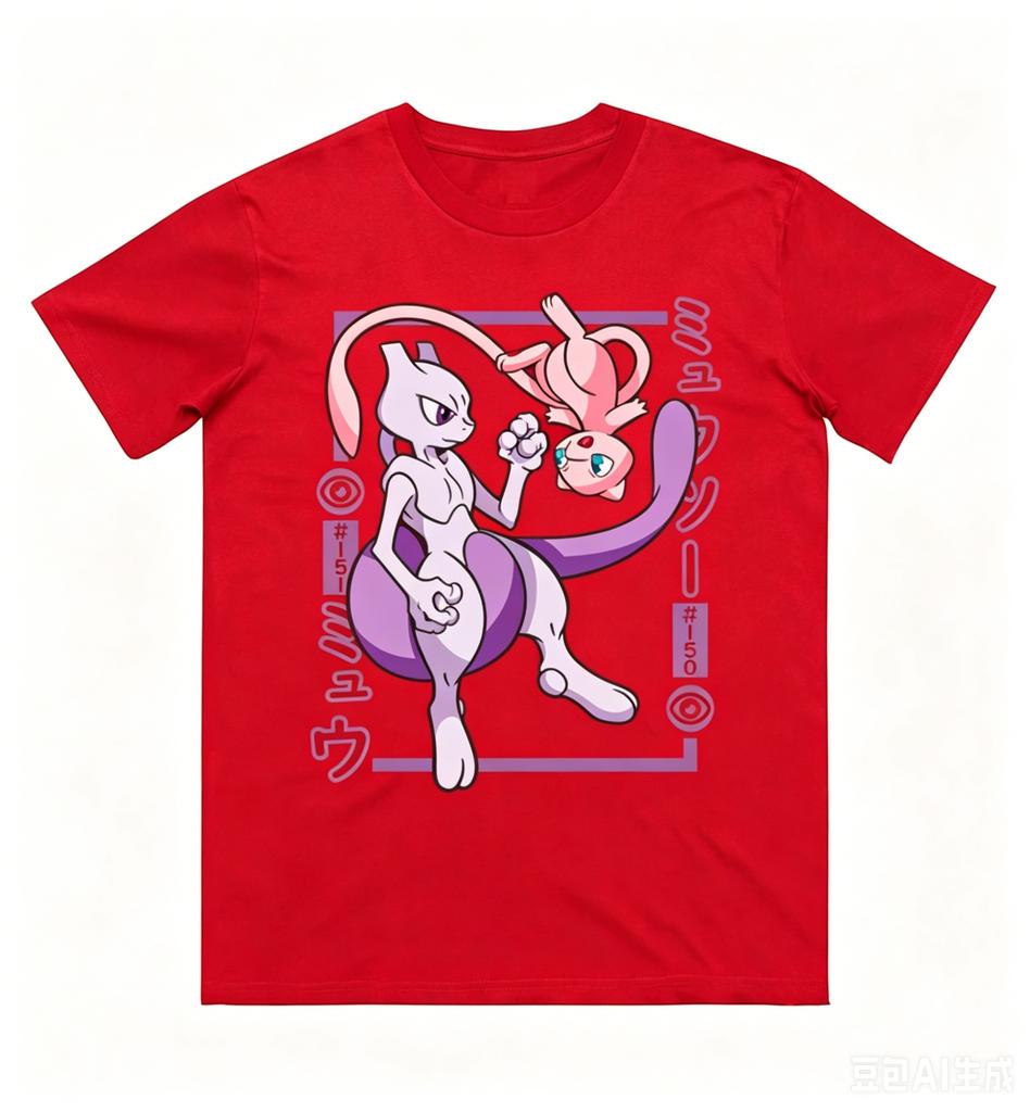Pokémon Mewtwo Mew Printed Pure Cotton T-shirt for Men and Women Spring/Summer New Collection Fashion Short Sleeved Shirt