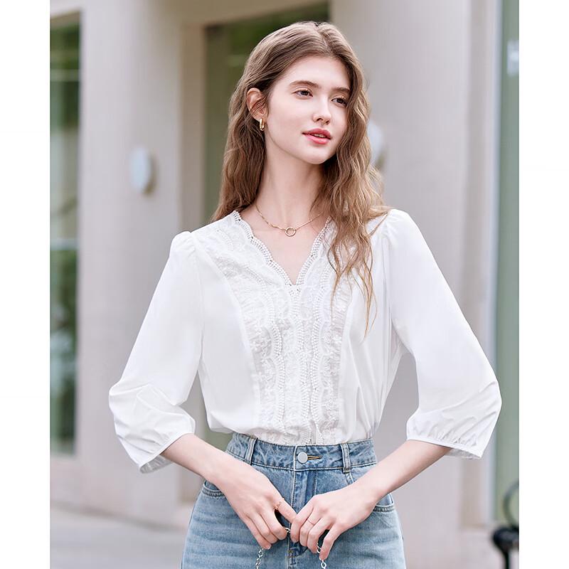 Betu Women's Spring V-Neck French Lace Trim Seven-Sleeve Shirt