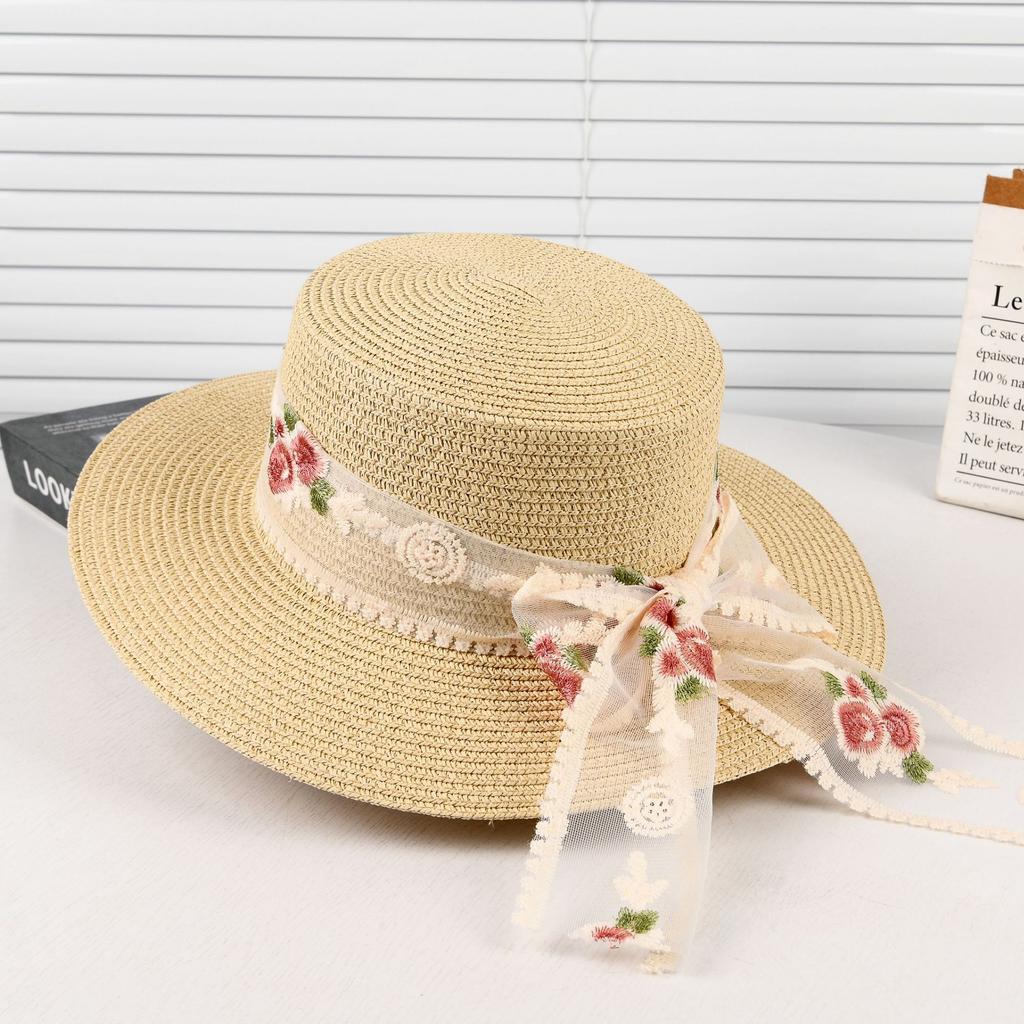 Lace Flower Flat Top Straw Hat Women'S Summer Sunscreen Sun Hat Outdoor Travel Seaside Beach Hat Fashion Top Hat