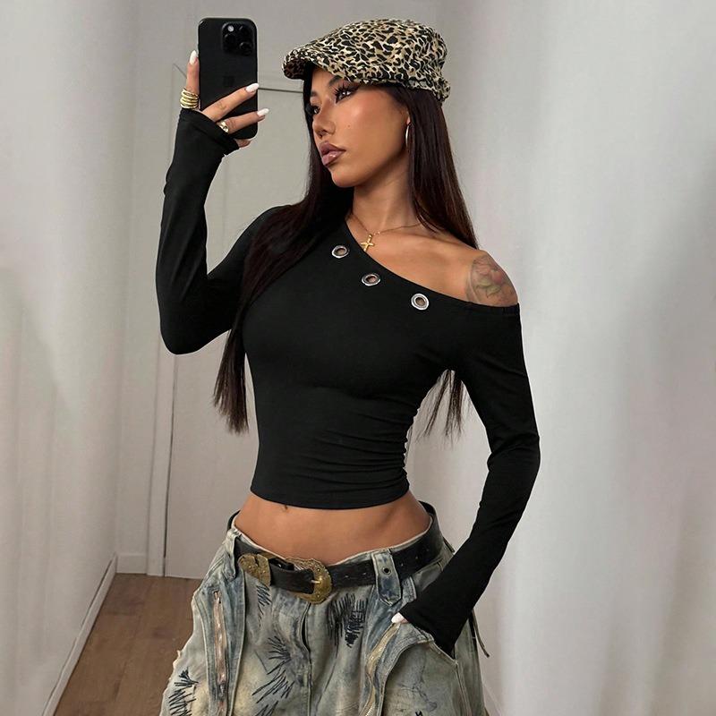 2026 Casual Diagonal Neck Long Sleeve Off The Shoulder Womens Blouse Spring Solid Color Crop Tops Streetwear T-shirt Slim Fit Short Shirt