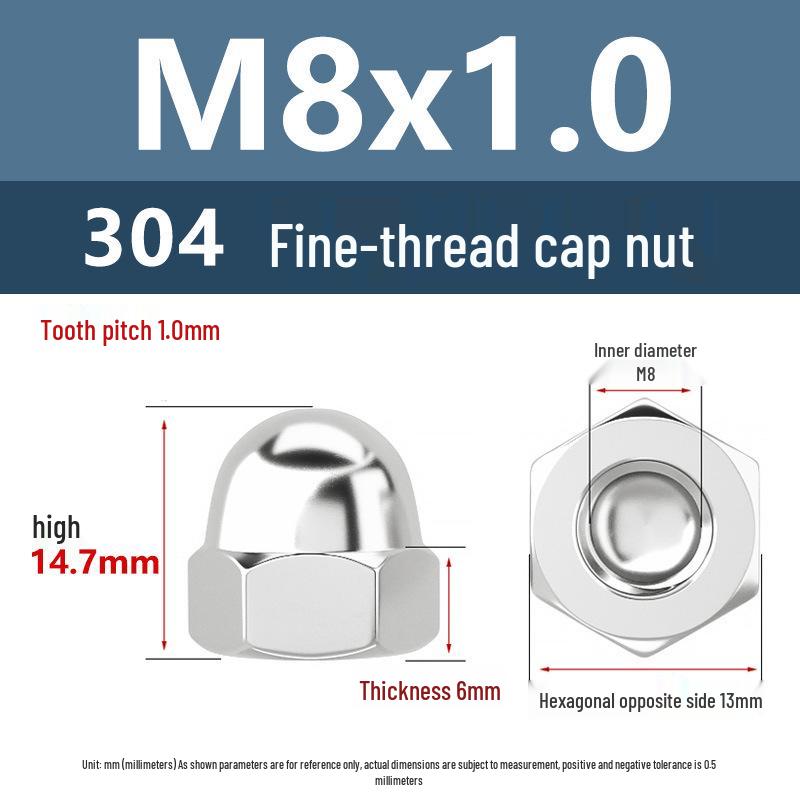 Yigu 304 Stainless Steel Hexagonal Cap Nut DIN1587, Fine Thread, M8M1