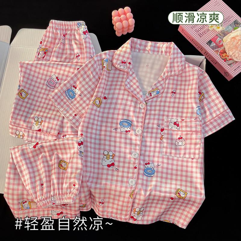 2026 Kids Pajama Set Ice Silk Short Sleeve Long Pants Cartoon Print Sleepwear Girls Boys 8 Years