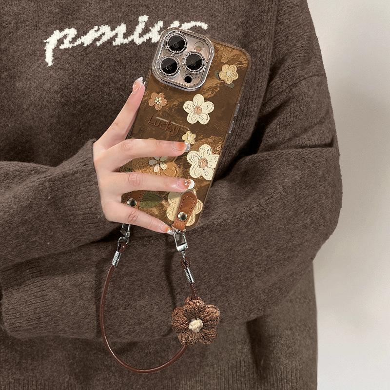 Retro oil painting flower lanyard suitable for 17 mobile phone case iphone premium feeling new