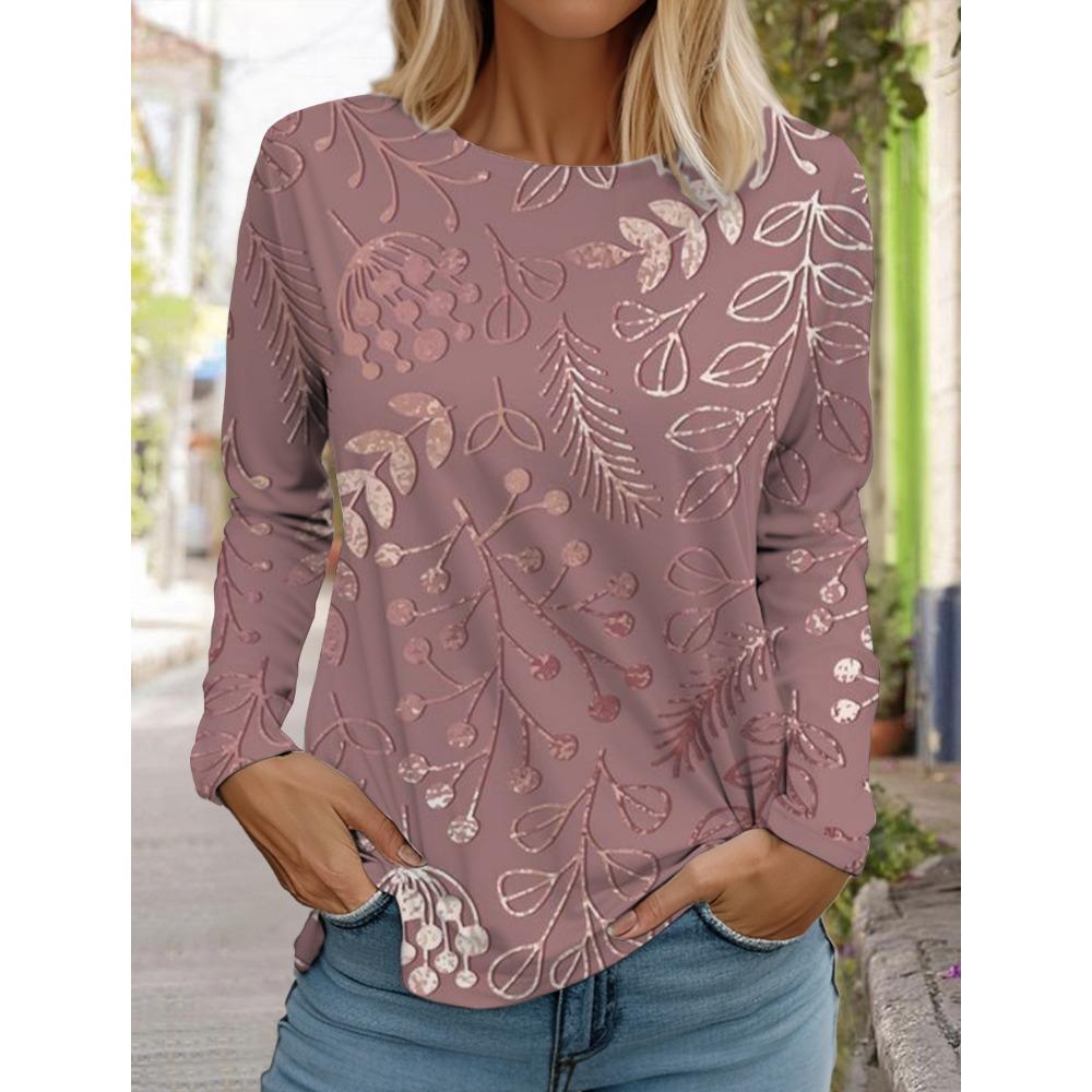 Women's 3d Printed Floral T-shirt Fashion Long-sleeved Round Neck Regular Tops Holiday Weekend