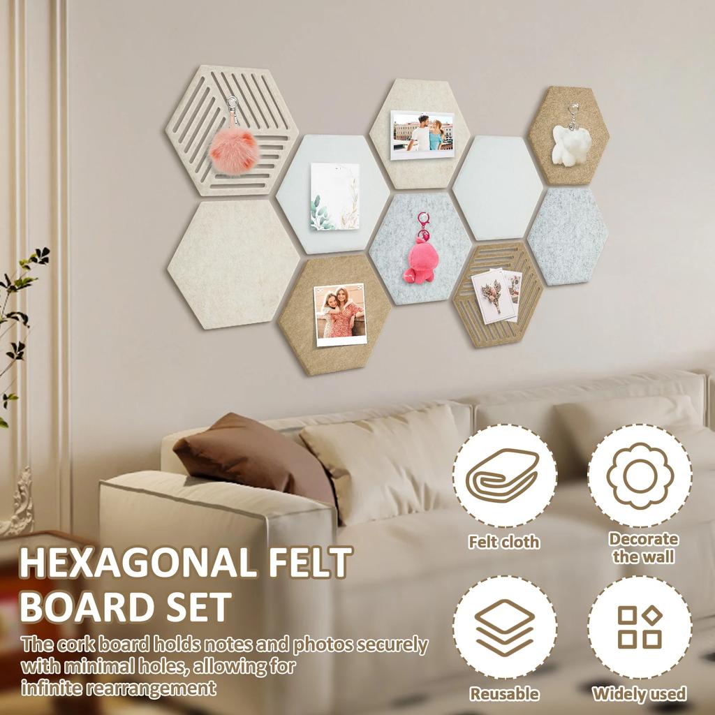 10Pcs Hexagon Felt Cork Bulletin Board Tile 11.8" x 10.2" High Density Adhesive Pinboard with Push Pin Noise Reducing for Home