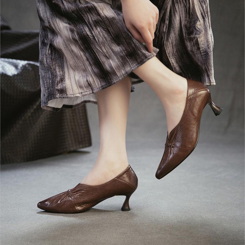 Johnature British Style Genuine Leather Pleated High Heels Elegance Commuting Versatile Women's Shoes