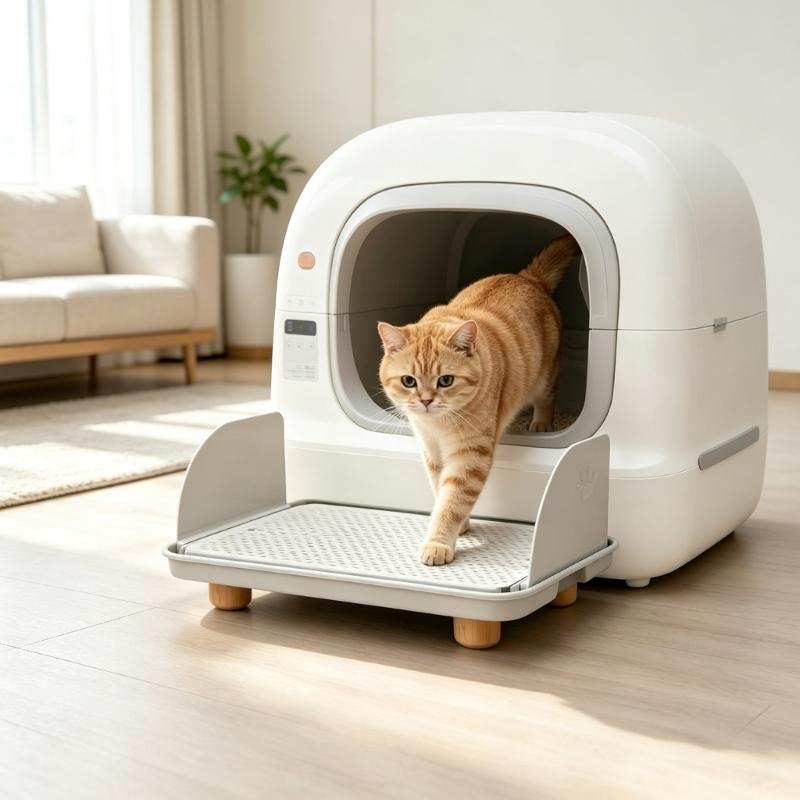 Pet Litter Step Filter Pedal with Foot Cleaning Openings, Side Guards and Wooden Legs, Indoor Entry Platform for Kittens and Senior Cats Home