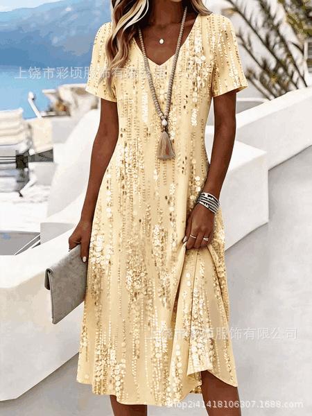 New digital printing, short-sleeved V-neck slim skirt dress creative shading skirt no