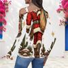 Women Plus Size Asymmetric Cutout Neck Cold Shoulder Long Sleeve Christmas Cowboy Boot Print Top