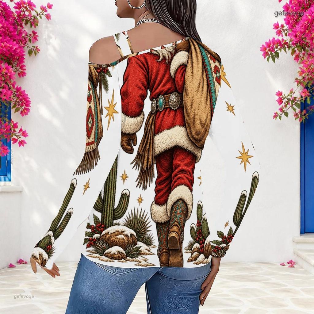 Women Plus Size Asymmetric Cutout Neck Cold Shoulder Long Sleeve Christmas Cowboy Boot Print Top