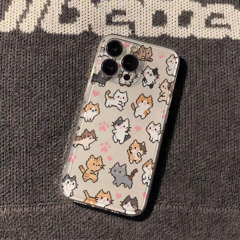 Transparent Shockproof Phone Case for IPhone 17 16 15 14 13 12 11 Pro Max IPhone 16 15 14 Plus Adorable Pixelated Kittens