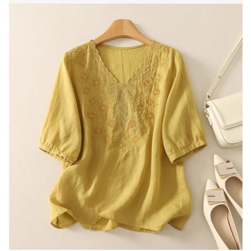 Camisa de Linho de Algodão Bordada Estilo Novo Feminina Renda Decote V Manga Média Pulôver Top