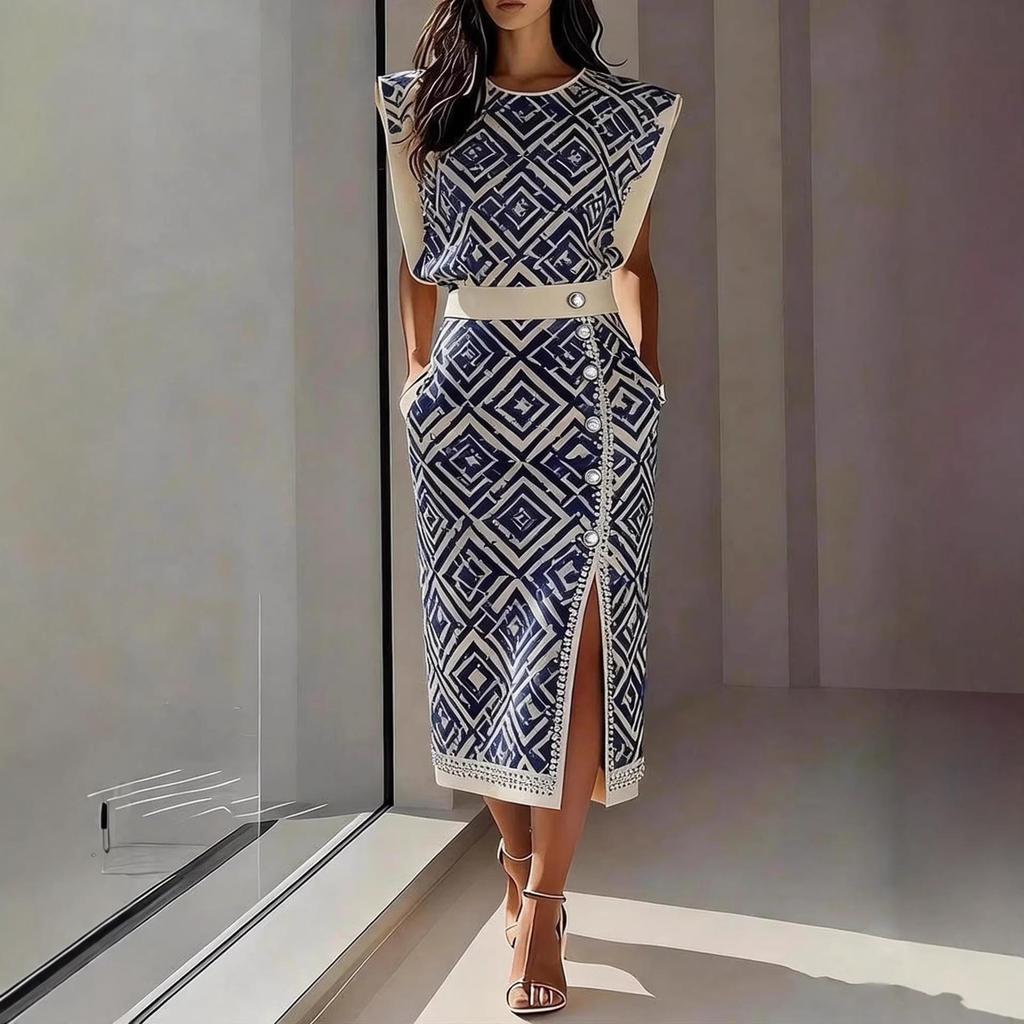 2026 Summer Fashion: Women's Printed Sleeveless Top & Slit Skirt Set