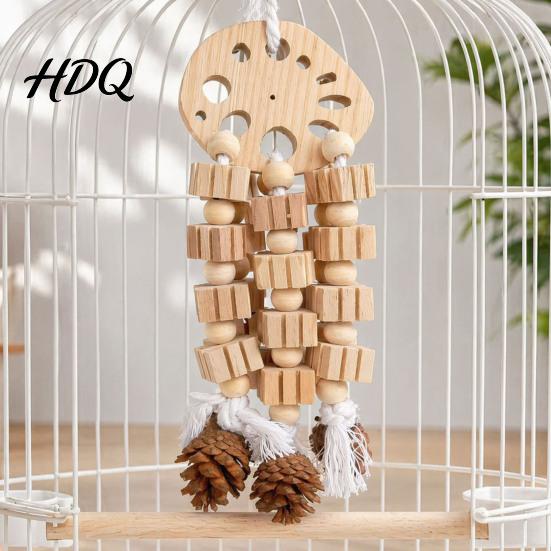 Parrot Boredom Relief Toy Wooden Blocks Toy Bird Chew with Beads Pinecones Safe Natural Chewing for Parrots Beak Grinding Cage Accessory Macaws