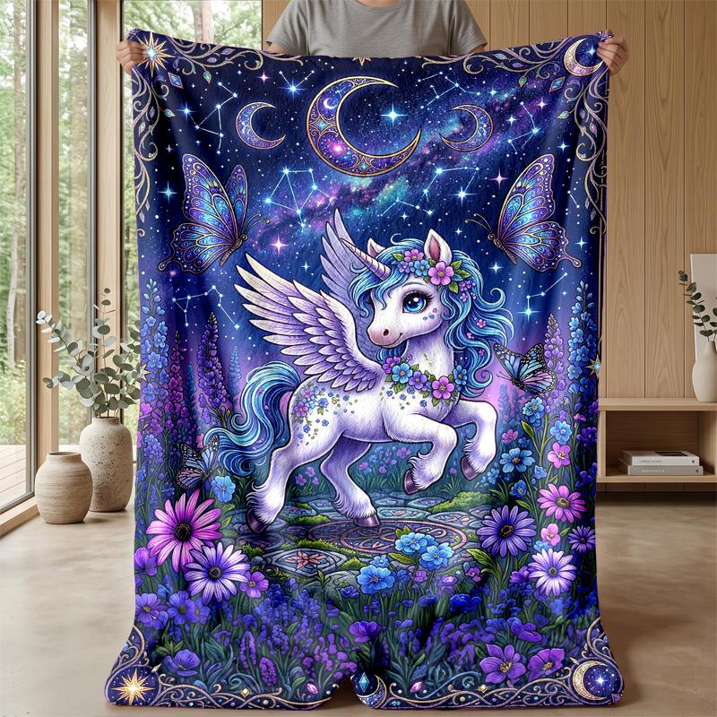 Winged Unicorn In Fantasy Garden Theme Blanket Lightweight Warm Flannel Blanket Decorative Throw Blanket for Home Decoration