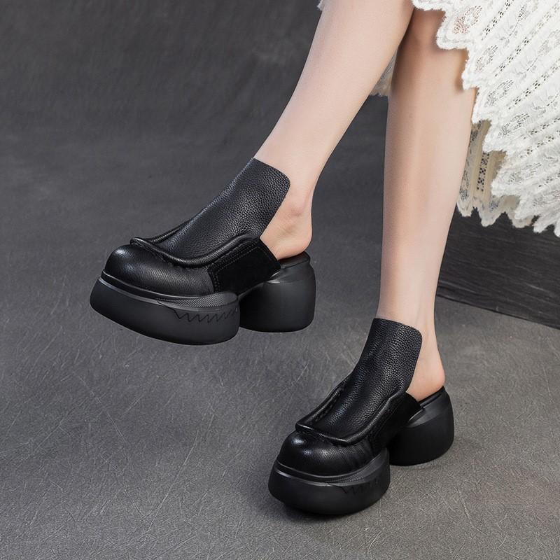 Johnature Roman Style Women's Slip-on Platform Shoes Genuine Leather Retro Round Toe Outdoor Slippers