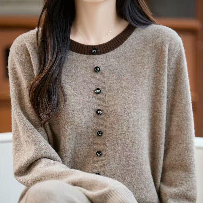 Women's Wool Color Block Round Neck Layered Pullover Sweater - 2025 Autumn/Winter Collection