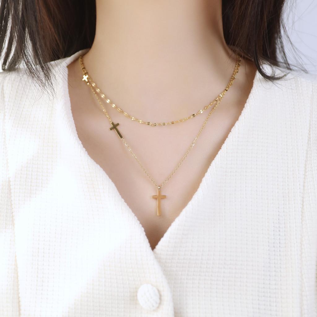 Fashion Double Titanium Steel Necklace Trend Stacked Stainless Steel Cross Necklace